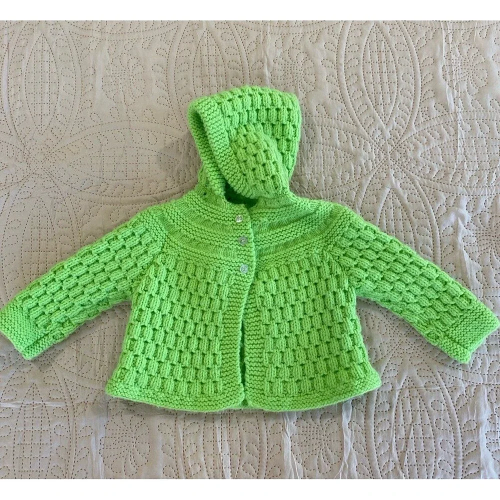 Vintage Toddler Handmade Knit Baby Sweater w/ Hood 12x12 Green Heirloom‎